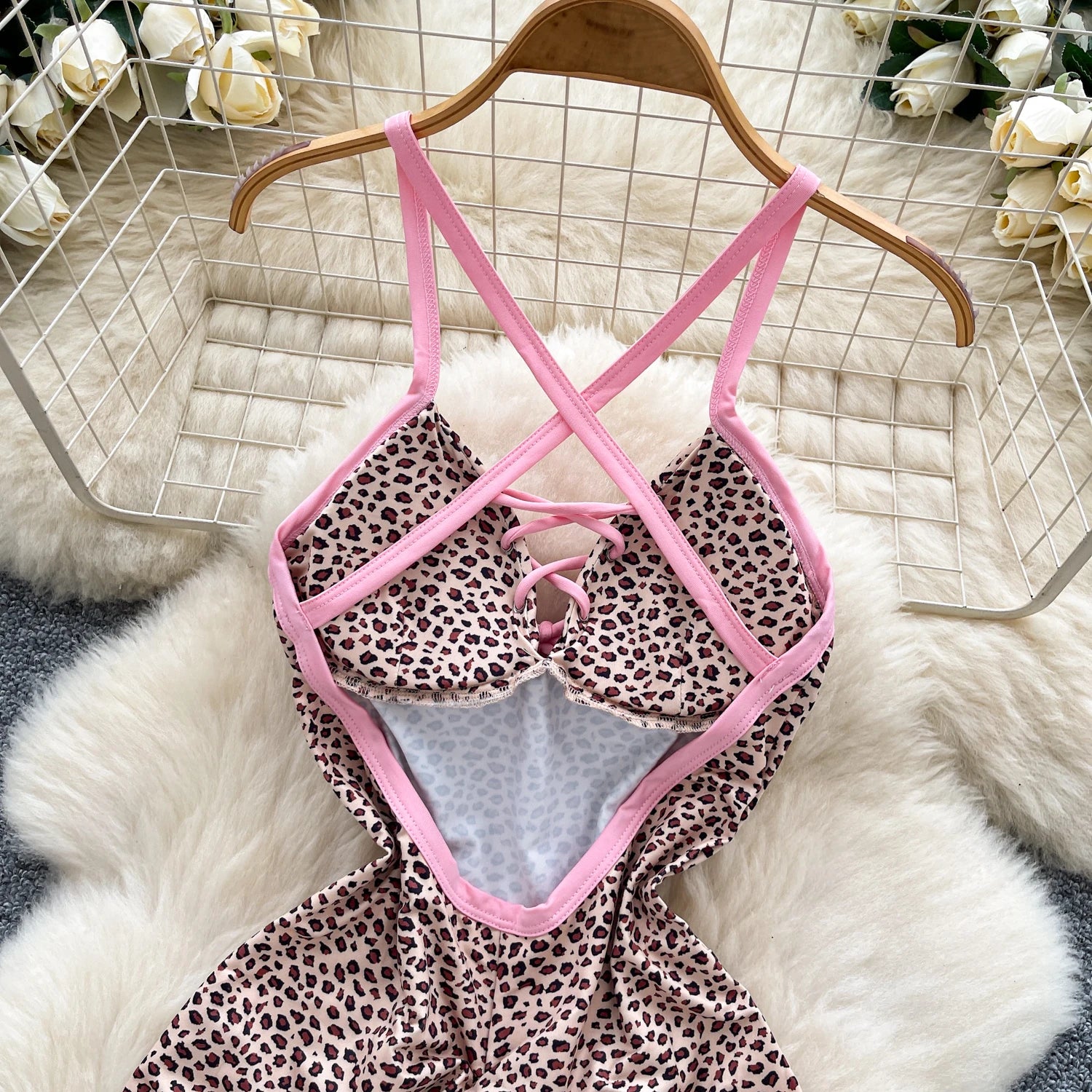 Leopard Crossline Lace-Up Romper