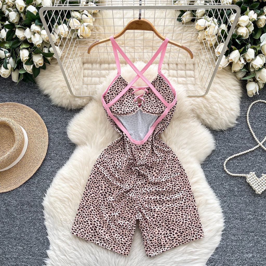 Leopard Crossline Lace-Up Romper