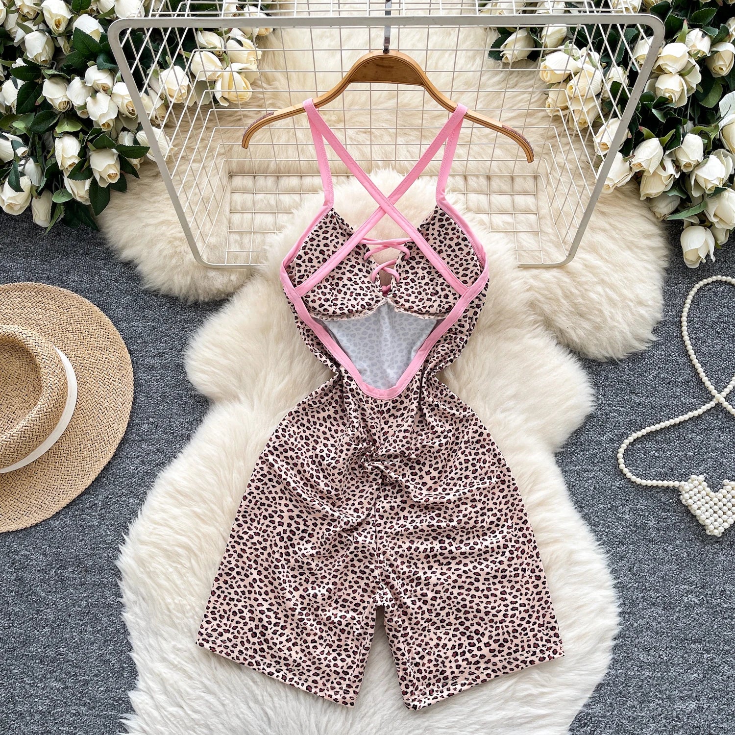 Leopard Crossline Lace-Up Romper