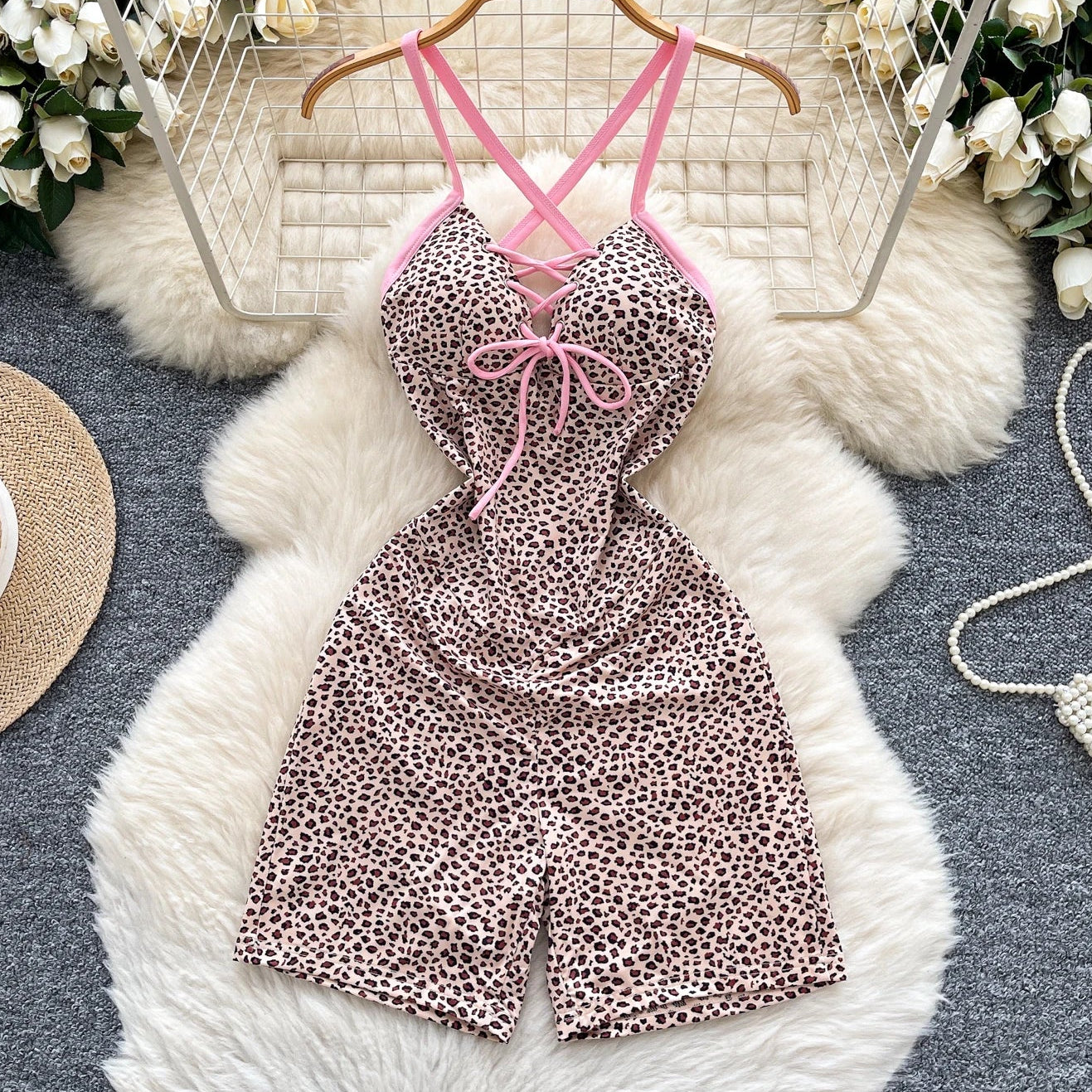Leopard Crossline Lace-Up Romper