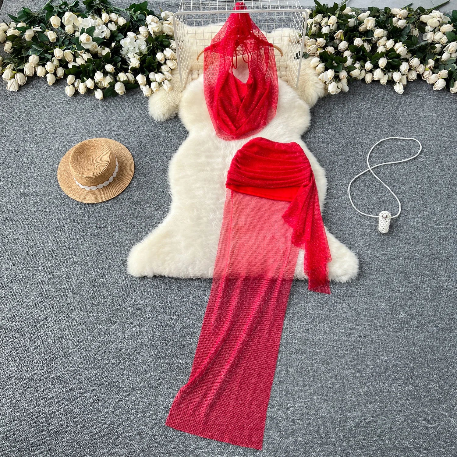 Crimson Drift Veil Set