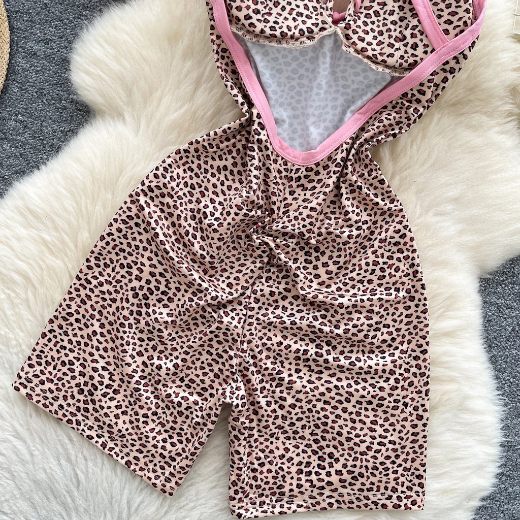Leopard Crossline Lace-Up Romper