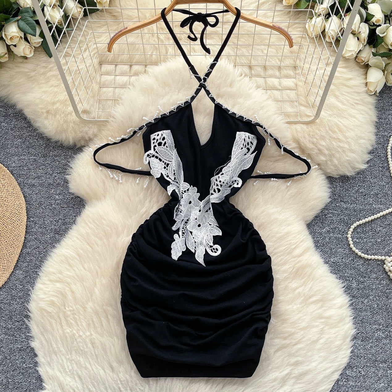 Moonlit Lace Halter Mini Dress