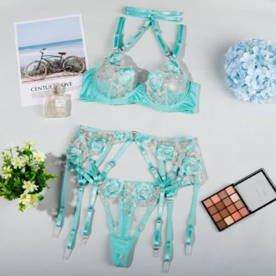 Aqua Bloom Lace Garter Set