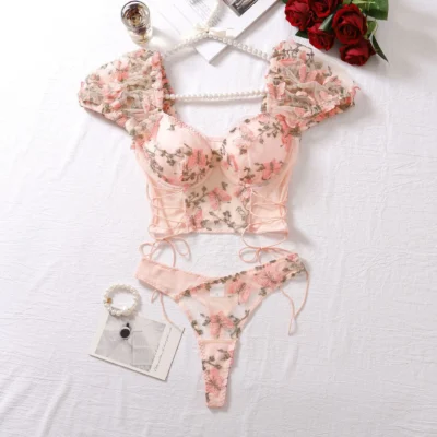 Blossom Lace Puff Sleeve Lingerie Set