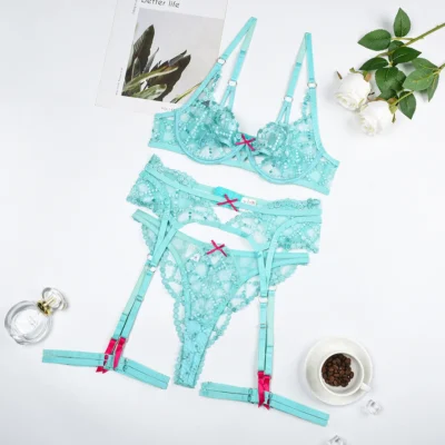 Aqua Blossom Lace Garter Set